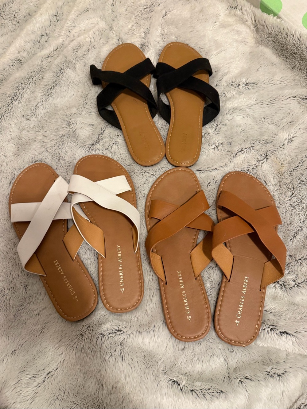 Charles Albert Crisscross Slide Sandals – Black, White, Tan